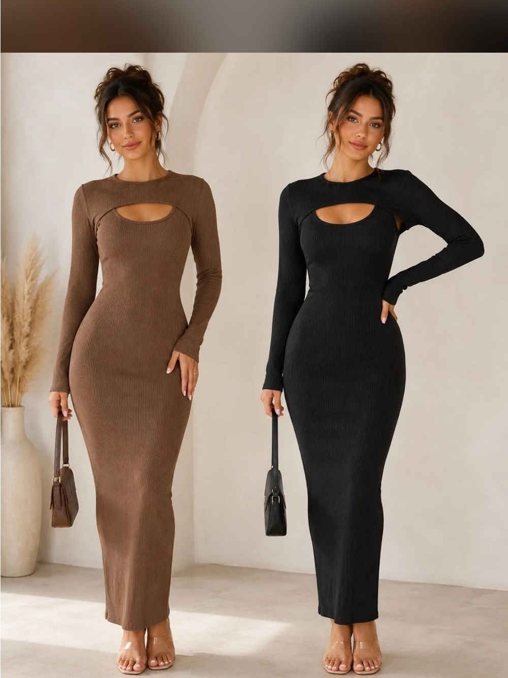 Ribbed Long Sleeve Cutout Maxi Dress - Brown & Black